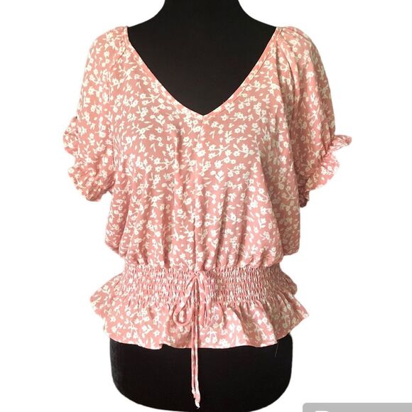 Sienna Sky Peplum Blouse Top Floral Short Sleeve V-Neck Pink Crop medium - Picture 2 of 6
